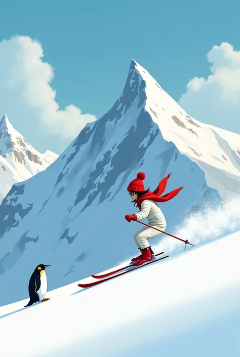 "Create the most beautiful snowy landscape in the world, with a small penguin next to it. Illustrate a scene where a woman is skiing down from the middle of a snow-covered mountain peak. She is wearing a red hat and a white ski suit, and the angle should d...