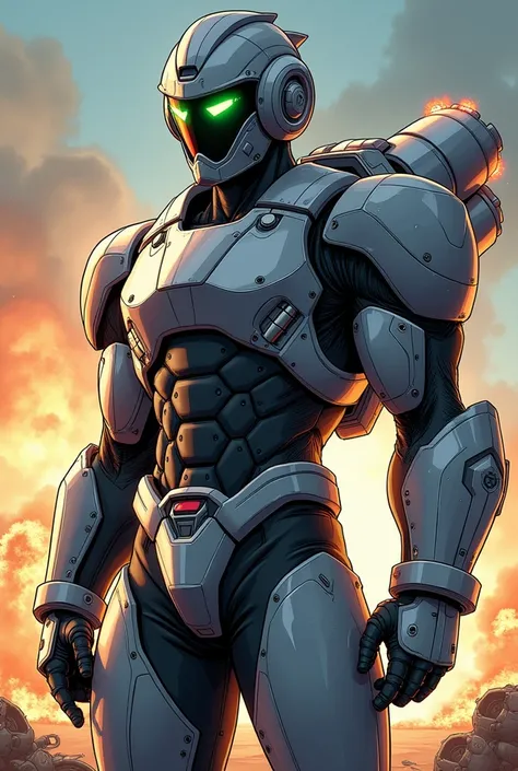 This illustration features a male character wearing a helmet inspired by the robot’s head, drawn in a color manga style. The young man wears a futuristic helmet that mimics the design of the robots head. The helmet is detailed with the robot’s signature fe...