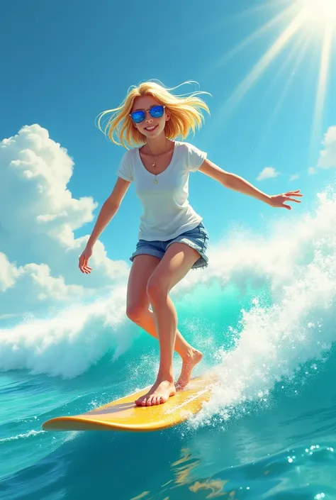 "A woman surfing in the most beautiful sea, wearing sunglasses and having fun. She has blonde hair and blue eyes, dressed in a white t-shirt and shorts, with a bob haircut. The surroundings are sunny