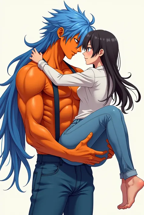 Make a anime drawing fanart of a buff 20 year old boy with a totally full orange body skin and a totally full blue hair, with no shirt and with a suspensers, with a longer blue jeans shirt and a belt. He’s holding a 18 year old girl with white shirt and je...