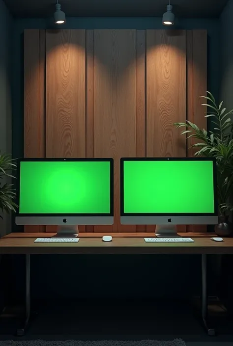 Realistic front view of 2 green screen monitors on a table in a dark room and a wooden furniture wall behin.