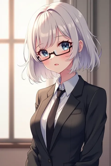 Beautiful anime girl with white hair,  short and wavy, glasses and formal clothes