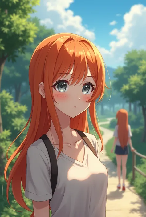 An adult with orange hair and gray eyes arriving at a  greeting her friend in anime 