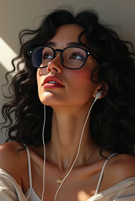  I need an image of a woman with curly black hair, light-skinned white ,  with lenses listening to music and saying Danis Diaz 