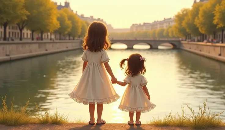 Back view of eight year old and four year old sisters wearing white dresses in warm sunlight talking together while looking at the Seine in the drawing