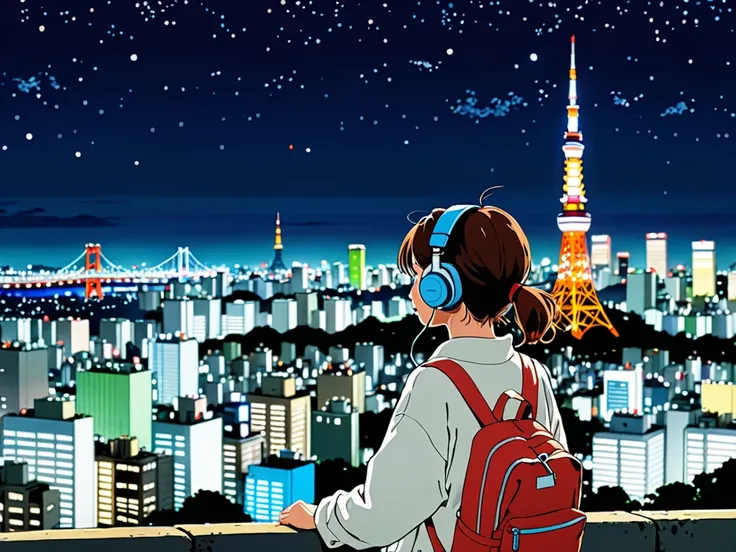 Night view of Tokyo including only one Tokyo Tower　 Ghibli style illustration　Ghibli-style anime woman with earphones