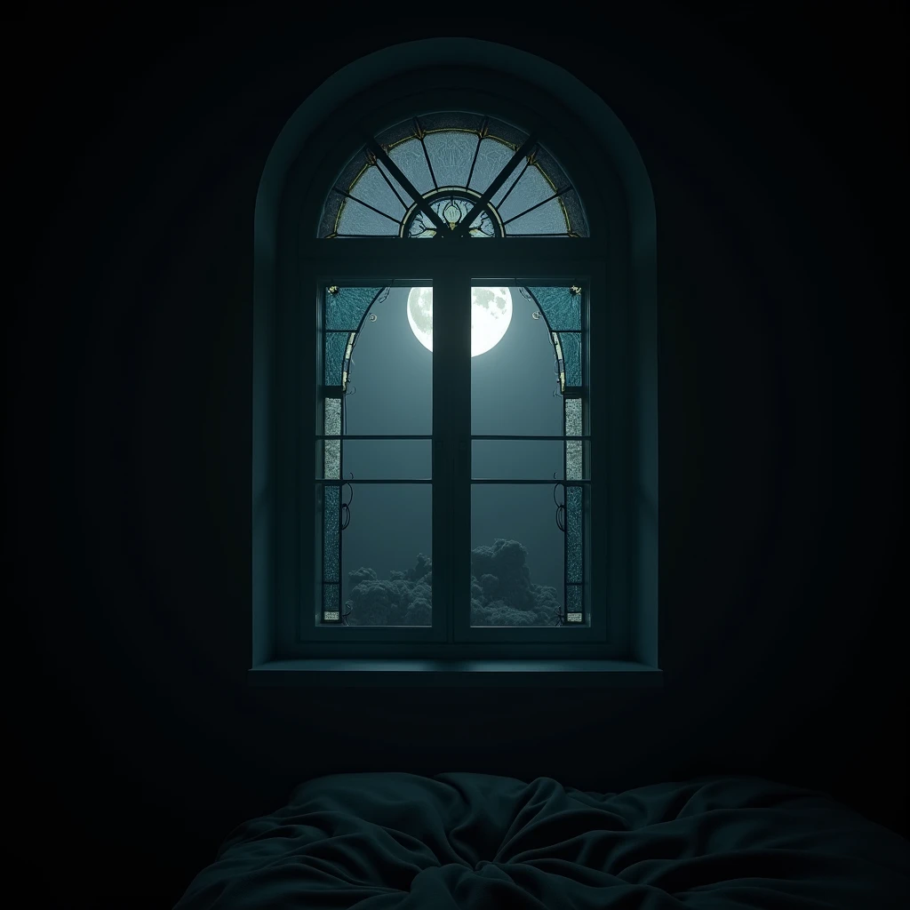  window with a subcultural taste。It&#39;s dark in the room。I can see the moon through the 。