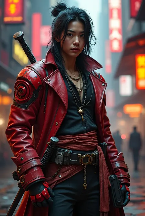  a future cyberpunk weapons master with his robotic left arm in the color red , He is Vietnamese and wears classic pirate clothes ,  and has a naval admirals sword 