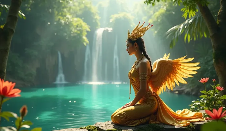 a hyper-realistic 4K image of a stunning Kinnaree, a mythical half-woman, half-bird creature from Thai folklore, gracefully perched beside a crystal-clear lake in the Himmapan Forest. The Kinnaree has golden wings, a bird-like lower body, and wears traditi...