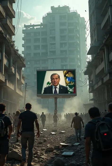 image: A building collapsed by the earthquake , with people helping in the rubble and Miguel de la Madrid giving a message on television.
