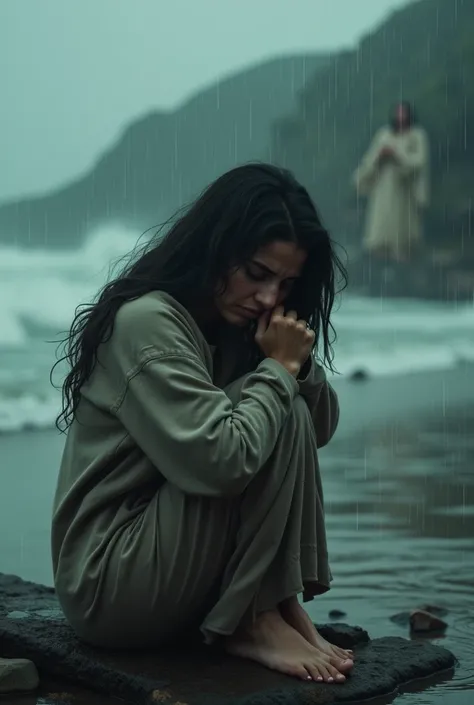  Person from the coast crying in a rainy and dark setting, Its Jesus back there looking at her  