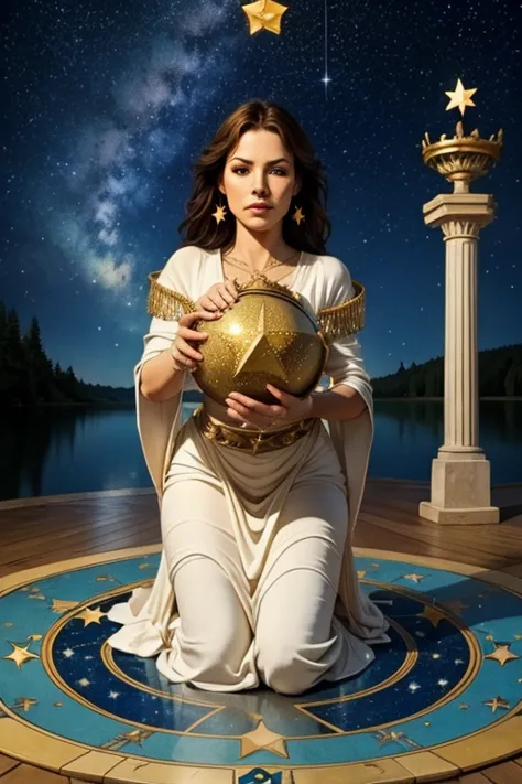 realistic, Photo,tarot,The visual star, (stars / many stars / Big star ) ,[1mulher,  holding pots, Kneeling, water