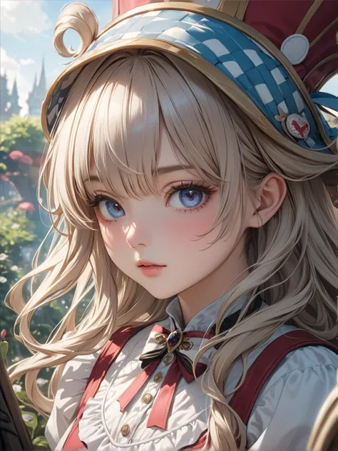 頭から膝まで映すショット、1 girl, masterpiece, highest quality, 8k, fine skin texture, fine cloth texture, beautiful detailed face, intricate details, Super detailed, alice in wonderland,  Upper body