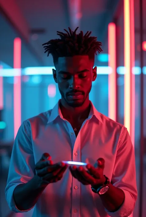  epic realistic ,  an impressive visual photo of a young black man holding a portion of enrichment in his hand | bright | inside an office |  São Paulo city ,  Avenida Paulista São Paulo Country Brazil  | neon light | vibrant |  full body  | visual princip...