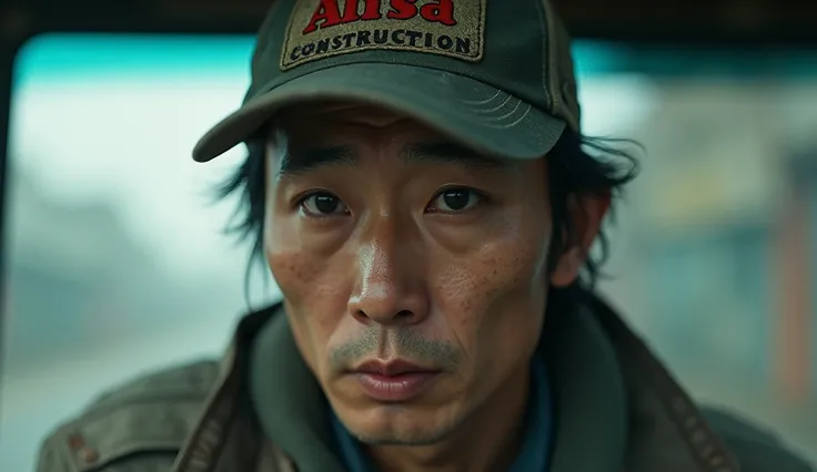 create a surreal korea truck driver wearing a cap Alisa Construction mid close up shot