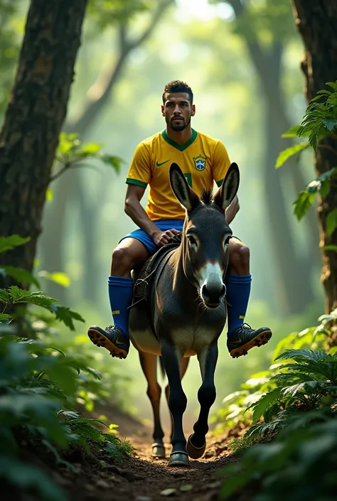 DANILO BRAZILIAN NATIONAL TEAM PLAYER RIDING A DONKEY IN THE MIDDLE OF THE FOREST