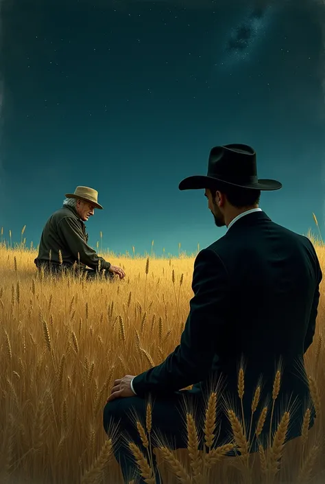 An old farmer harvesting plentiful acres of wheat at night while a man in a black suit and hat with bright red eyes watches him seated. Make the image wide
