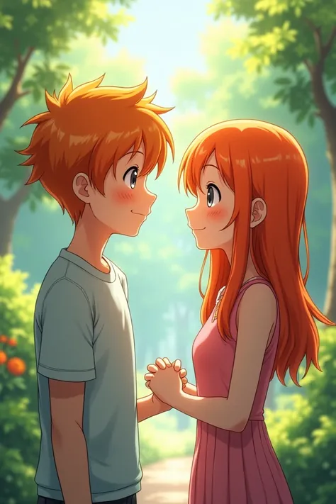 An orange-haired, grey-eyed man and woman greet each other in anime