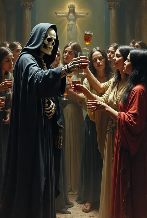 Saint Death toasting with glasses with Jesus and women