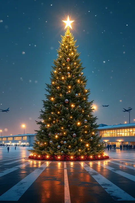 Create a christmast wallpaper of a christmast tree in the runway of th airport