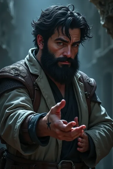 A dark-haired dwarf doctor with short wavy hair and a star-shaped scar on his left hand 