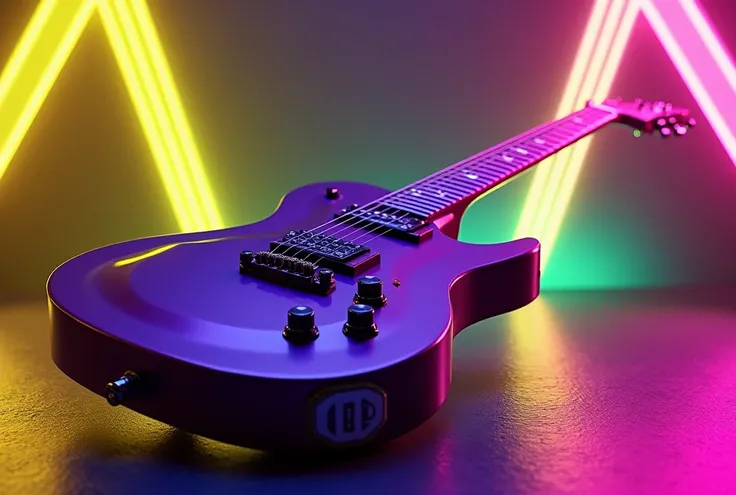 Violet electric guitar neon rock background with yellow and green neon lights