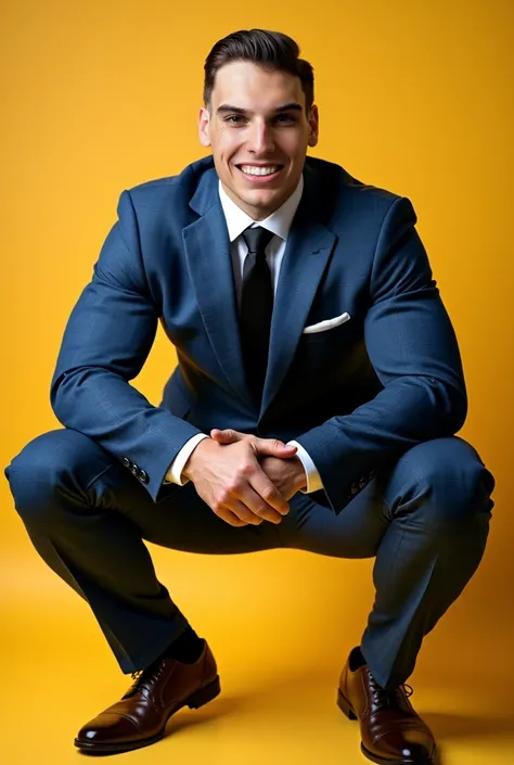 Muscular man clean-shaved hair-slicked-back smiling wearing extremely-tight-fitted-plaid-blue-suit-with-black-neck-tie and brown-dress-shoes deep-squatting camera-positioned-infront-of-man photograph large-glutes bright image