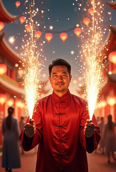 a chinesse guy playing fireworks and facing infront 