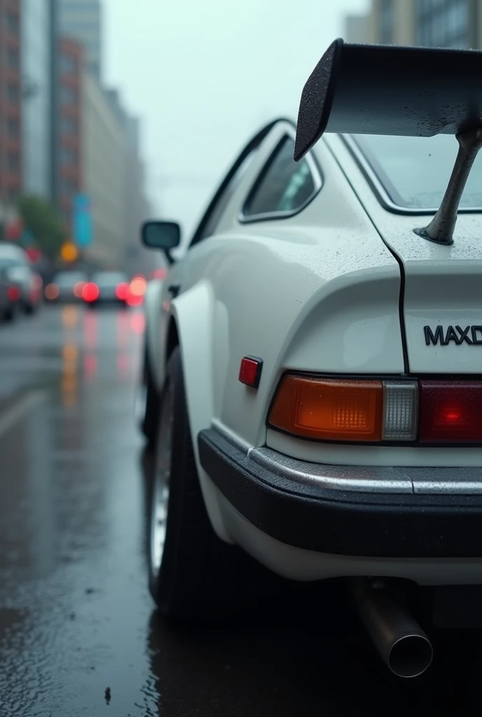 
Cinematic scene from the bottom of a white Maxda Rx7 car showing the back and side of the car in an urban environment valuing the car and blurring the background that must be in rainy weather and cloudy weather