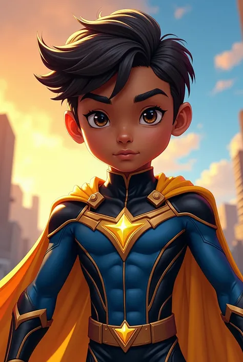 Create cartoon hero, Boy with brown skin, straight, very short hair,  hero clothing colors black and blue and gold