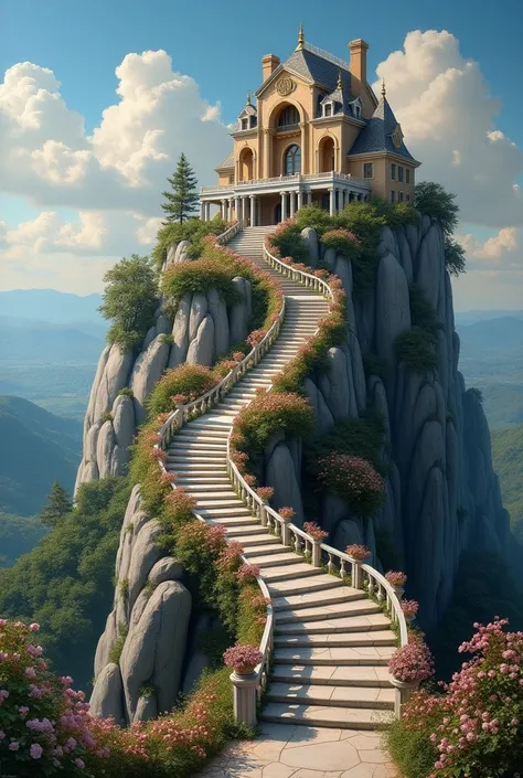  create an image of a house built on a mountain with superimposed stairs when climbing hyperrealistic, with small multicolored flowers a degree of sharpness never seen before in the background a spectacular landscape . oil painting / conceptual art