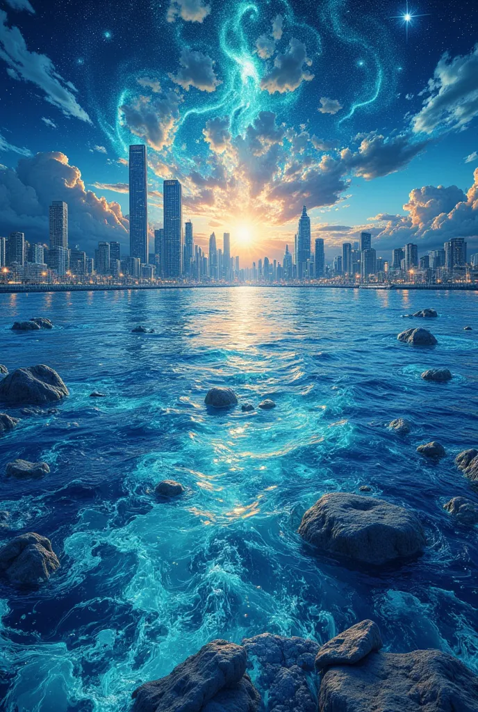 A large expanse of water in space, with images of beautiful earth cities reflected in it.