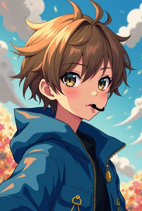 ASME a  boy with medium hair with light brown color who also has a black mouthpiece and blue poleron with the anime style