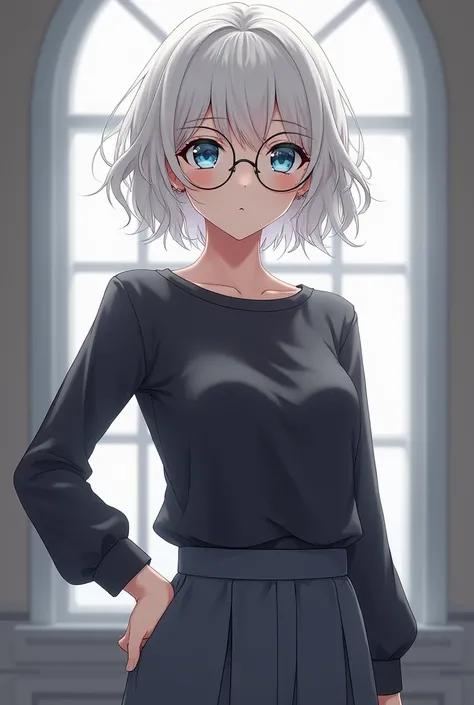  Beautiful anime girl with short and very wavy white hair, round glasses, blue eyes with a dark gray top and gray full-body pants