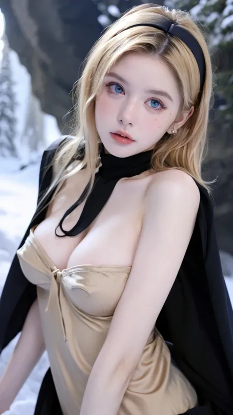   beautiful woman  ,Cute,  huge natural breasts  , light curly hair/current,  dark blue eyes and face are drawn in detail,  not too thin  ,   to make it ultra-realistic,   Western European girl  ,   in the snow in the mountains  , naked uniform (Sexy nun d...