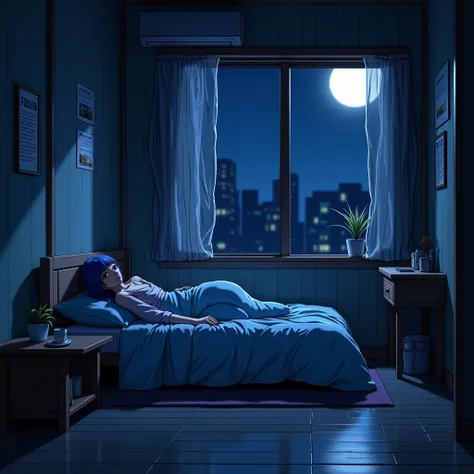  window with a subcultural taste。 The inside of the room is dark and illuminated by moonlight。There is a bed and futon in the room 。Anime-style taste