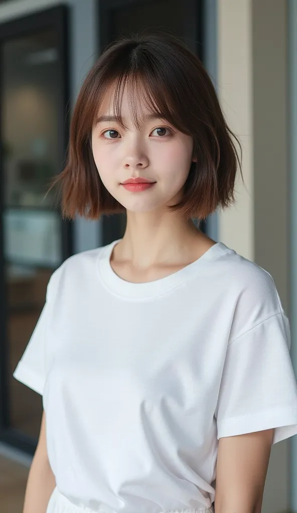 extremely realistic asian girl with brown hair and brown eyes, wearing a oversized white t-shirt, entire upper body, not portrai...