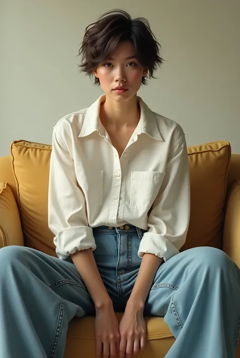 white shirt，jeans，yellow skin，Short Hair Fake Boy，Single Sofa
