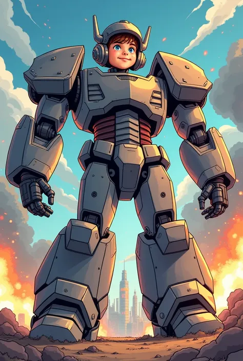 This illustration depicts a 15-year-old boy transformed into a giant robot, drawn in a color manga style. The boy is wearing a robot helmet, but his face is clearly visible from the eyes to the mouth, allowing his expression to shine through. The helmet st...