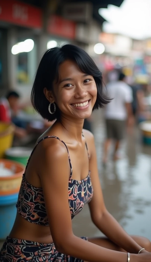  Jagalchi Fish Ma amateur solo portrait photo, realistic, (( girl)), (((short black hair))), (((smile512))), big smile, silver earrings, (((short tight dress with abstract motif))) (((sitting back))), ((Photo of vibrant energy