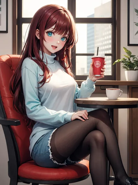 A woman, Long hair a color red and bright turquoise tips. Her eyes are sky blue. Subtle smile,  1girl, solo, long hair, breasts, looking at viewer, blush, open mouth, bangs, long sleeves, sitting, pantyhose, multicolored hair, shorts, indoors, blunt bangs,...