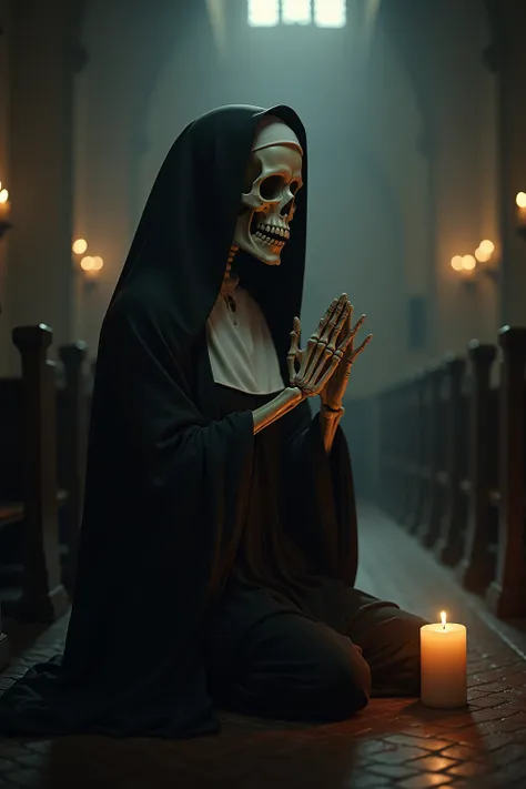 1girl, Solo, skeleton Nun, praying, on her knees, High Resolution, Masterpiece, Accurate, Anatomically Correct, Award Winning, Best Quality, High Quality, High Details, Super Detailed, UHD, Retina, Depth Of Field, 8K Octane, Cinematic, Cinematography, Hype...