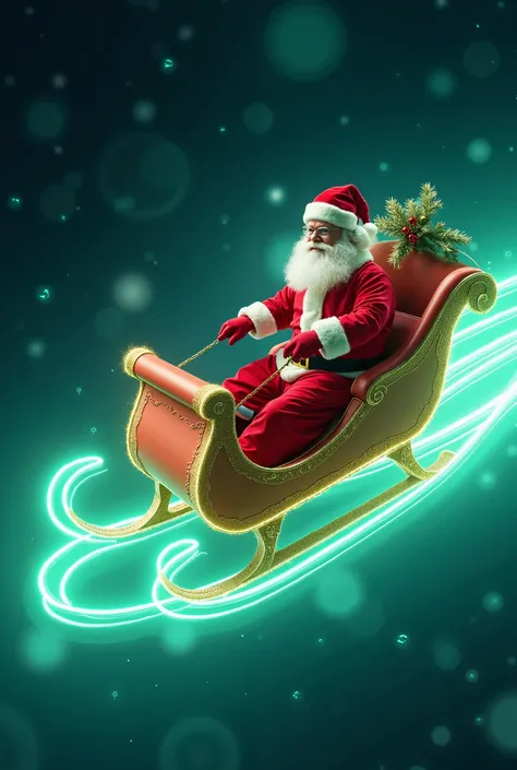 **Santa Claus riding a sleigh in space captured in a kinetic light painting bokeh, with light streaks and motion blur against a soft bokeh background. Use vibrant turquoise and lime green for the light trails, contrasting against a darker bokeh background,...