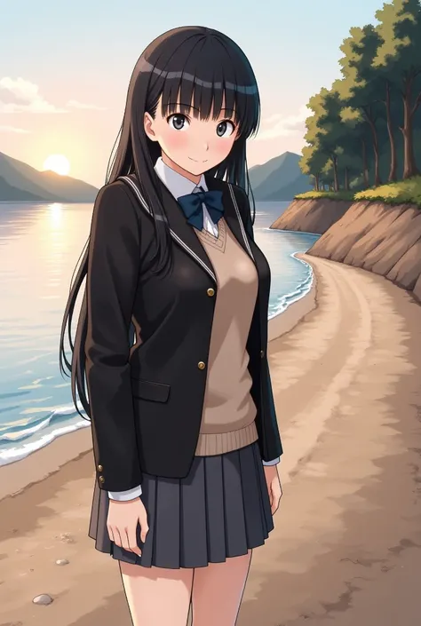 masterpiece、 best quality、1gilr,Alone, black hair、Long Hair、 school uniform、 black jacket 、 gray skirt 、 pleated skirt、 Beautiful Scenery 、Wave、 woman standing on the river bank、 detailed background、sunset、earthen embankment 、 dirt road along the embankmen...