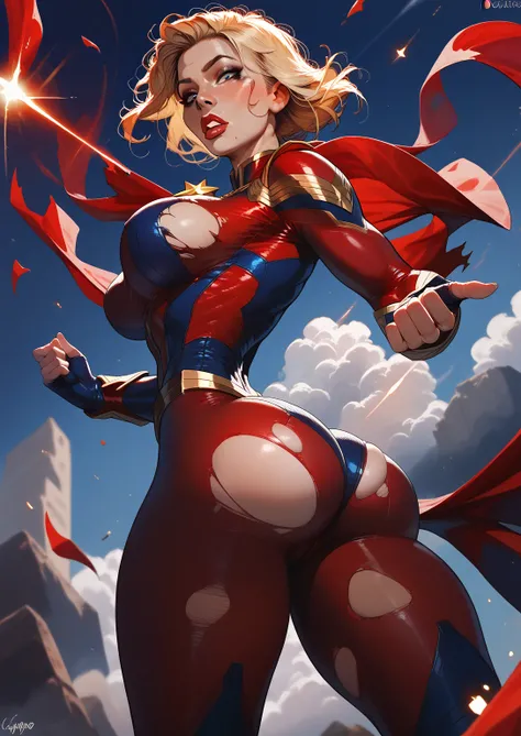 Captain Marvel,  Big breasts ,  WIDE HIP, Big buttocks,  thick thighs ,  full lips , red lipstick, light makeup, tight and torn transparent uniform