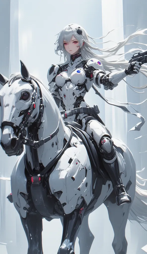 a semi robotic female knight riding a white mechanical horse with flowing long hair and holding a handgun is a future police off...