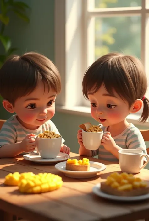  A small boy eating yogurt with cereal in a white Conango cup,  a girl drinking milk from a white cup with mango and eating bread , both sitting at a table   