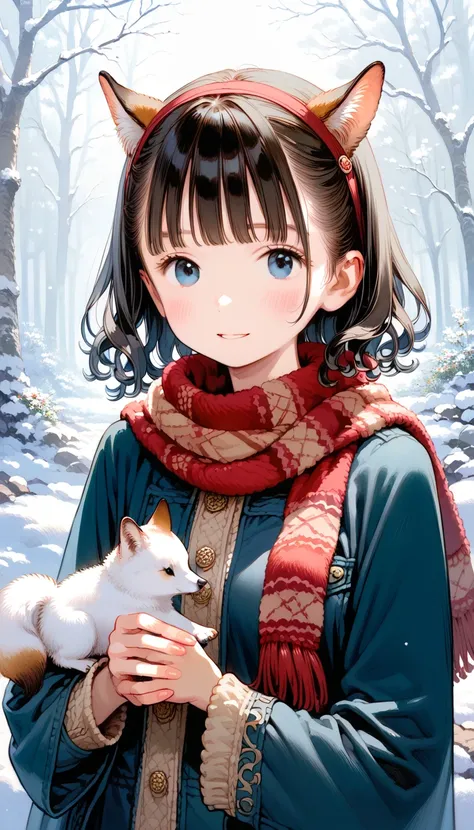 Style-NebMagic, portrait of Ismail Inceoglu, Gazela, james jean, Anton Fadeev e Yoshitaka Amano, a cute fluffy arctic fox wearing a Style-SylvaMagic scarf in the snow, very detailled, 8K resolution, digitl art, trends on ArtStation, swirly vibrant colors, ...