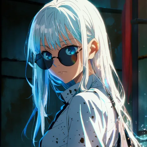 1 girl, solo, long hair, high resolution, white hair, elegant hairstyle,, blue eyes, black colour round sunglasses , anime screen cap, jujutsu kaisen anime style, jujutsu kaisen anime screen cap, jujutsu kaisen uniform, front view, hair bun 