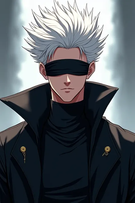 Create an image of a tall, handsome, male character with white, spiky hair and blindfolded eyes, wearing a high-collared black jacket. The character exudes confidence and mystery, with a powerful and intimidating aura. The background should be minimalistic...